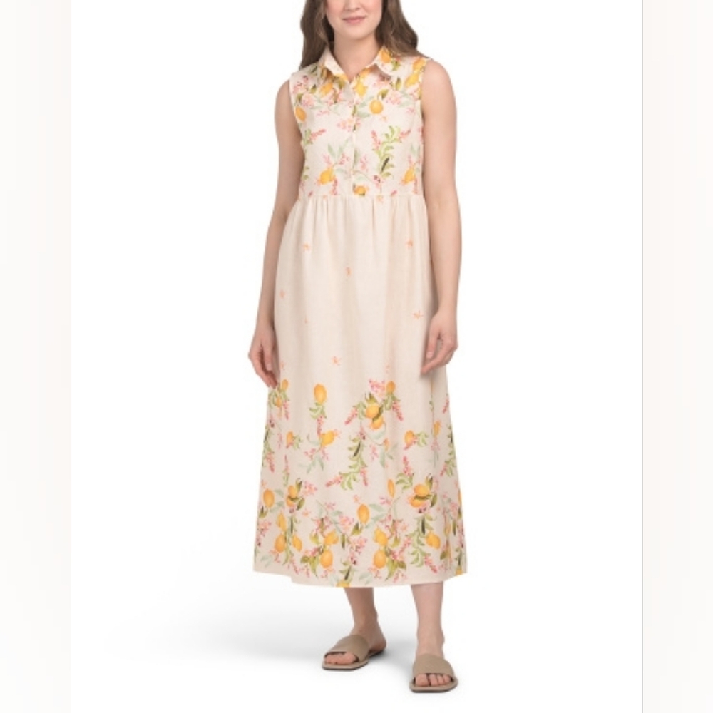 NWT - Le Ragazze Italy Linen Blend Lt. Peach Lemon Print Collared Maxi Dress - L